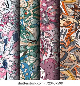 Set of tracery colorful seamless patterns. Vertical stripes. Curved doodling backgrounds for textile or printing with mehndi and ethnic motives. Vector