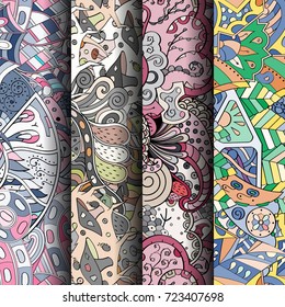 Set of tracery colorful seamless patterns. Vertical stripes. Curved doodling backgrounds for textile or printing with mehndi and ethnic motives. Vector