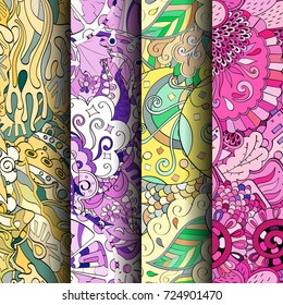 Set of tracery colorful seamless patterns. Vertical stripes. Curved doodling backgrounds for textile or printing with mehndi and ethnic motives. Vector
