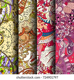 Set of tracery colorful seamless patterns. Vertical stripes. Curved doodling backgrounds for textile or printing with mehndi and ethnic motives. Vector