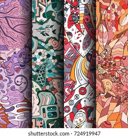 Set of tracery colorful seamless patterns. Vertical stripes. Curved doodling backgrounds for textile or printing with mehndi and ethnic motives. Vector