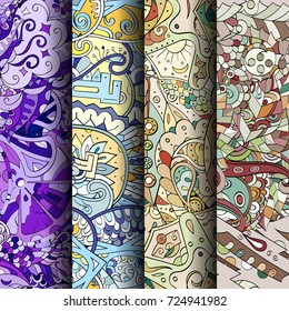 Set of tracery colorful seamless patterns. Vertical stripes. Curved doodling backgrounds for textile or printing with mehndi and ethnic motives. Vector