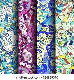 Set of tracery colorful seamless patterns. Vertical stripes. Curved doodling backgrounds for textile or printing with mehndi and ethnic motives. Vector
