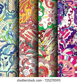 Set of tracery colorful seamless patterns. Vertical stripes. Curved doodling backgrounds for textile or printing with mehndi and ethnic motives. Vector
