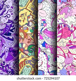 Set of tracery colorful seamless patterns. Vertical stripes. Curved doodling backgrounds for textile or printing with mehndi and ethnic motives. Vector