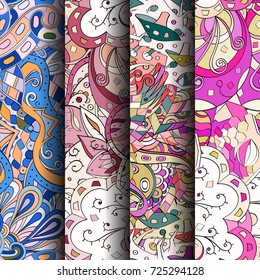 Set of tracery colorful seamless patterns. Vertical stripes. Curved doodling backgrounds for textile or printing with mehndi and ethnic motives. Vector