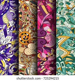 Set of tracery colorful seamless patterns. Vertical stripes. Curved doodling backgrounds for textile or printing with mehndi and ethnic motives. Vector