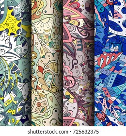 Set of tracery colorful seamless patterns. Vertical stripes. Curved doodling backgrounds for textile or printing with mehndi and ethnic motives. Vector