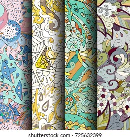 Set of tracery colorful seamless patterns. Vertical stripes. Curved doodling backgrounds for textile or printing with mehndi and ethnic motives. Vector