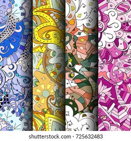 Set of tracery colorful seamless patterns. Vertical stripes. Curved doodling backgrounds for textile or printing with mehndi and ethnic motives. Vector