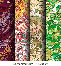 Set of tracery colorful seamless patterns. Vertical stripes. Curved doodling backgrounds for textile or printing with mehndi and ethnic motives. Vector