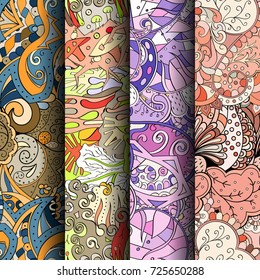 Set of tracery colorful seamless patterns. Vertical stripes. Curved doodling backgrounds for textile or printing with mehndi and ethnic motives. Vector