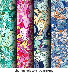 Set of tracery colorful seamless patterns. Vertical stripes. Curved doodling backgrounds for textile or printing with mehndi and ethnic motives. Vector