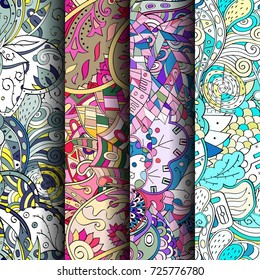 Set of tracery colorful seamless patterns. Vertical stripes. Curved doodling backgrounds for textile or printing with mehndi and ethnic motives. Vector