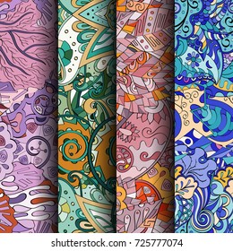Set of tracery colorful seamless patterns. Vertical stripes. Curved doodling backgrounds for textile or printing with mehndi and ethnic motives. Vector