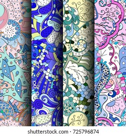 Set of tracery colorful seamless patterns. Vertical stripes. Curved doodling backgrounds for textile or printing with mehndi and ethnic motives. Vector
