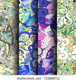 Set of tracery colorful seamless patterns. Vertical stripes. Curved doodling backgrounds for textile or printing with mehndi and ethnic motives. Vector