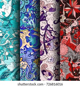 Set of tracery colorful seamless patterns. Vertical stripes. Curved doodling backgrounds for textile or printing with mehndi and ethnic motives. Vector