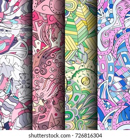 Set of tracery colorful seamless patterns. Vertical stripes. Curved doodling backgrounds for textile or printing with mehndi and ethnic motives. Vector