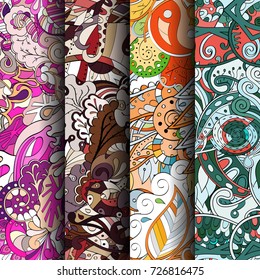 Set of tracery colorful seamless patterns. Vertical stripes. Curved doodling backgrounds for textile or printing with mehndi and ethnic motives. Vector