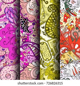 Set of tracery colorful seamless patterns. Vertical stripes. Curved doodling backgrounds for textile or printing with mehndi and ethnic motives. Vector