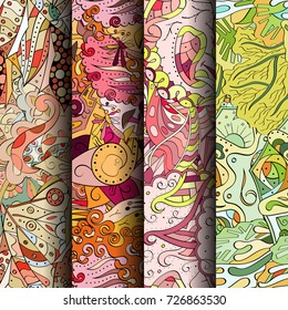 Set of tracery colorful seamless patterns. Vertical stripes. Curved doodling backgrounds for textile or printing with mehndi and ethnic motives. Vector