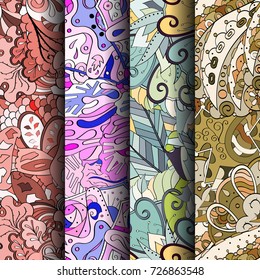 Set of tracery colorful seamless patterns. Vertical stripes. Curved doodling backgrounds for textile or printing with mehndi and ethnic motives. Vector