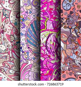 Set of tracery colorful seamless patterns. Vertical stripes. Curved doodling backgrounds for textile or printing with mehndi and ethnic motives. Vector