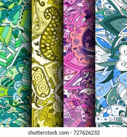 Set of tracery colorful seamless patterns. Vertical stripes. Curved doodling backgrounds for textile or printing with mehndi and ethnic motives. Vector