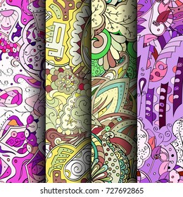 Set of tracery colorful seamless patterns. Vertical stripes. Curved doodling backgrounds for textile or printing with mehndi and ethnic motives. Vector