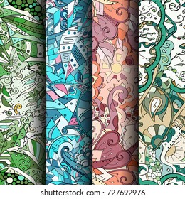 Set of tracery colorful seamless patterns. Vertical stripes. Curved doodling backgrounds for textile or printing with mehndi and ethnic motives. Vector