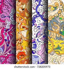 Set of tracery colorful seamless patterns. Vertical stripes. Curved doodling backgrounds for textile or printing with mehndi and ethnic motives. Vector