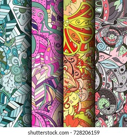 Set of tracery colorful seamless patterns. Vertical stripes. Curved doodling backgrounds for textile or printing with mehndi and ethnic motives. Vector