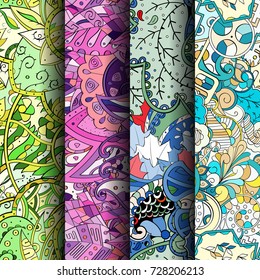 Set of tracery colorful seamless patterns. Vertical stripes. Curved doodling backgrounds for textile or printing with mehndi and ethnic motives. Vector