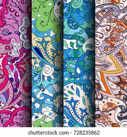 Set of tracery colorful seamless patterns. Vertical stripes. Curved doodling backgrounds for textile or printing with mehndi and ethnic motives. Vector
