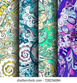 Set of tracery colorful seamless patterns. Vertical stripes. Curved doodling backgrounds for textile or printing with mehndi and ethnic motives. Vector