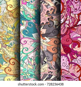 Set of tracery colorful seamless patterns. Vertical stripes. Curved doodling backgrounds for textile or printing with mehndi and ethnic motives. Vector