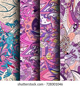 Set of tracery colorful seamless patterns. Vertical stripes. Curved doodling backgrounds for textile or printing with mehndi and ethnic motives. Vector