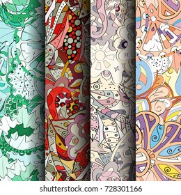 Set of tracery colorful seamless patterns. Vertical stripes. Curved doodling backgrounds for textile or printing with mehndi and ethnic motives. Vector