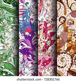 Set of tracery colorful seamless patterns. Vertical stripes. Curved doodling backgrounds for textile or printing with mehndi and ethnic motives. Vector