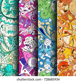 Set of tracery colorful seamless patterns. Vertical stripes. Curved doodling backgrounds for textile or printing with mehndi and ethnic motives. Vector