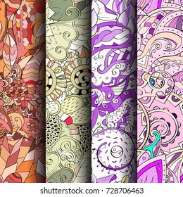Set of tracery colorful seamless patterns. Vertical stripes. Curved doodling backgrounds for textile or printing with mehndi and ethnic motives. Vector