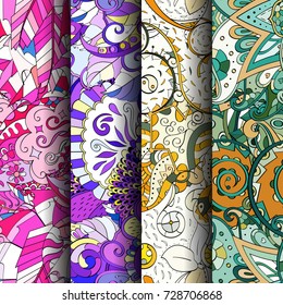 Set of tracery colorful seamless patterns. Vertical stripes. Curved doodling backgrounds for textile or printing with mehndi and ethnic motives. Vector