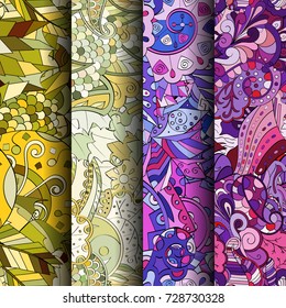Set of tracery colorful seamless patterns. Vertical stripes. Curved doodling backgrounds for textile or printing with mehndi and ethnic motives. Vector