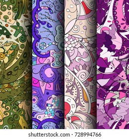 Set of tracery colorful seamless patterns. Vertical stripes. Curved doodling backgrounds for textile or printing with mehndi and ethnic motives. Vector