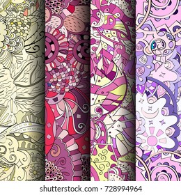Set of tracery colorful seamless patterns. Vertical stripes. Curved doodling backgrounds for textile or printing with mehndi and ethnic motives. Vector