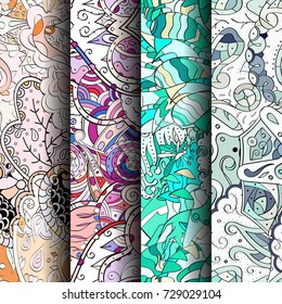 Set of tracery colorful seamless patterns. Vertical stripes. Curved doodling backgrounds for textile or printing with mehndi and ethnic motives. Vector