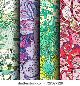 Set of tracery colorful seamless patterns. Vertical stripes. Curved doodling backgrounds for textile or printing with mehndi and ethnic motives. Vector