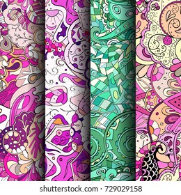 Set of tracery colorful seamless patterns. Vertical stripes. Curved doodling backgrounds for textile or printing with mehndi and ethnic motives. Vector