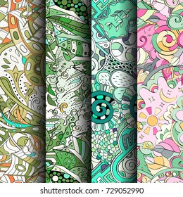 Set of tracery colorful seamless patterns. Vertical stripes. Curved doodling backgrounds for textile or printing with mehndi and ethnic motives. Vector